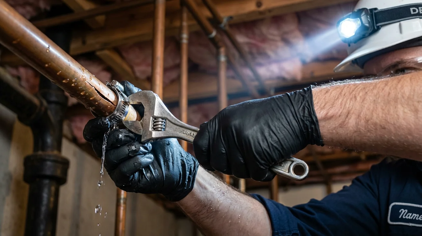 Emergency pipe clamp repair being performed by a Johns Plumbing LLC plumber in Grove City