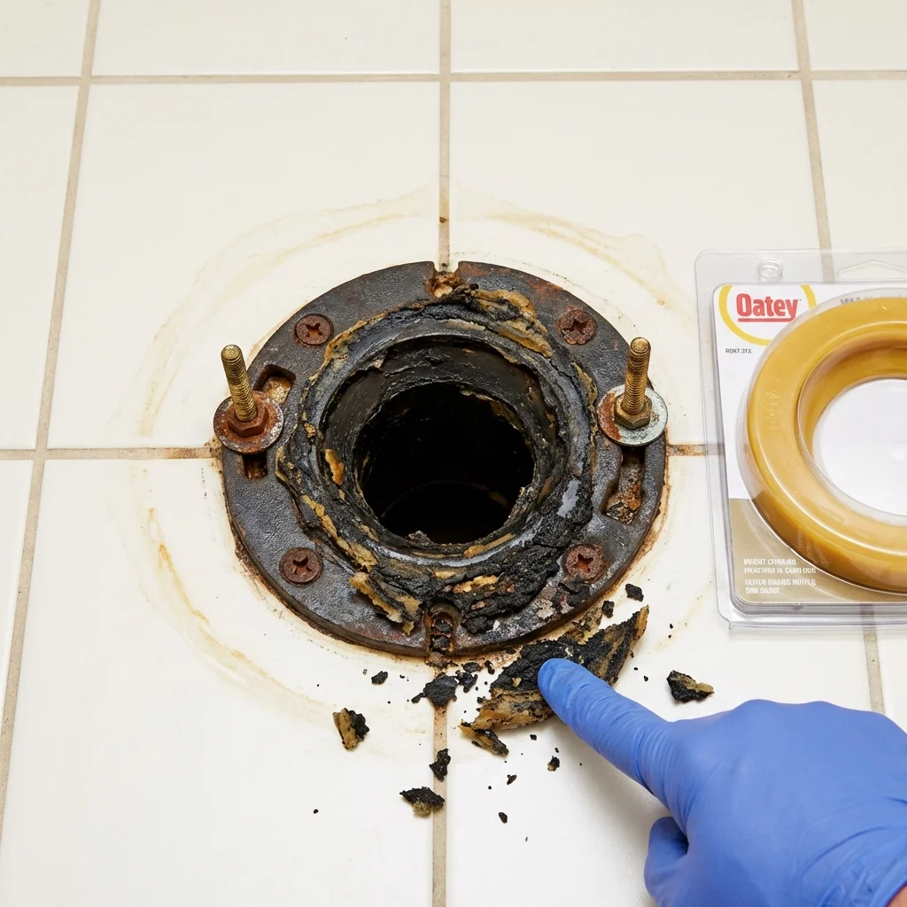 Failed wax ring showing water seepage at the base of a toilet in a Grove City, PA home