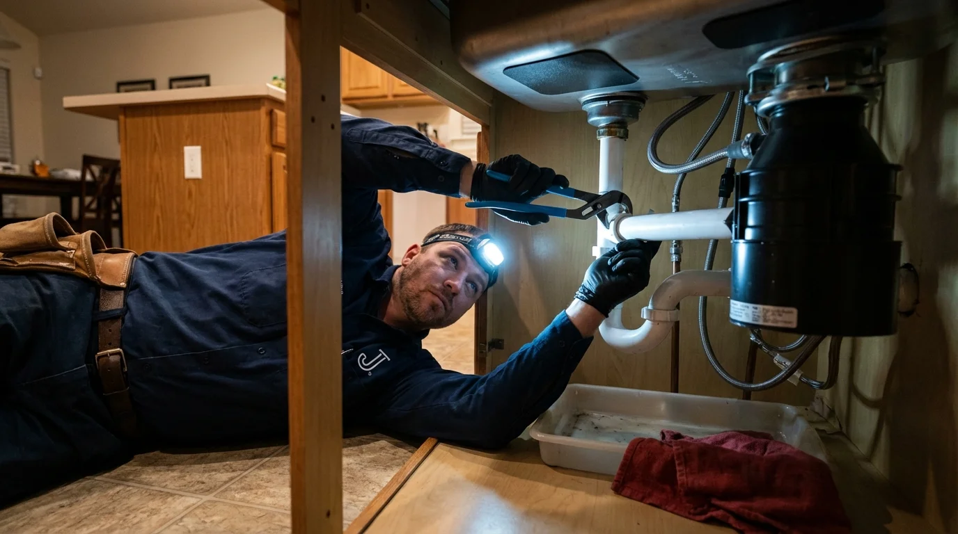 P-trap and supply line connections under a kitchen sink showing a common leak point in Grove City, PA